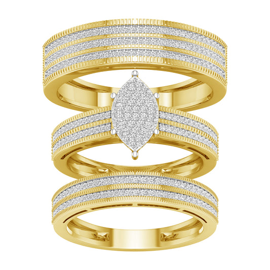 Juego de trío de lujo con diamantes de 0,75 quilates en oro amarillo de 10 quilates