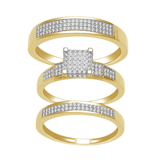Juego de trío de diamantes de talla princesa de 0,50 quilates en oro amarillo de 10 quilates