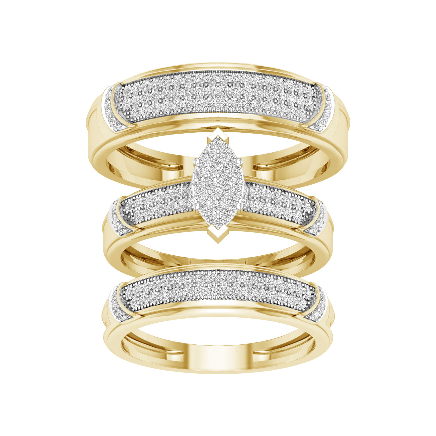 Juego de trío de diamantes marquesa de 0,50 quilates en oro amarillo de 10 quilates