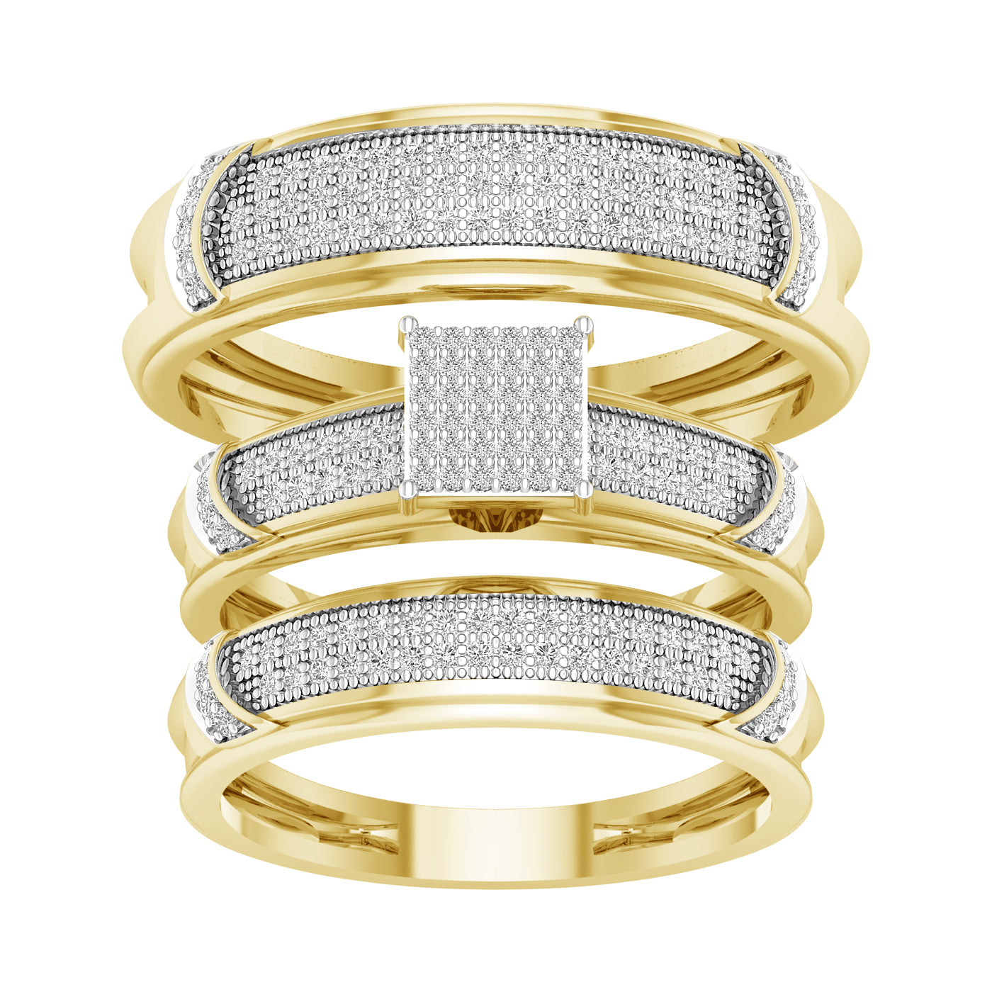 Juego de trío de pavé de diamantes rectangular de 0,50 quilates en oro amarillo de 10 quilates