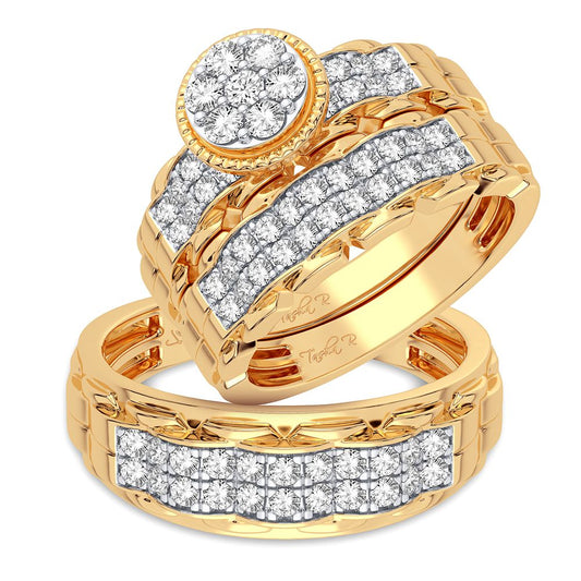 Gleaming Orbit: 14K Yellow Gold 1.00CT Diamond Trio Wedding Set