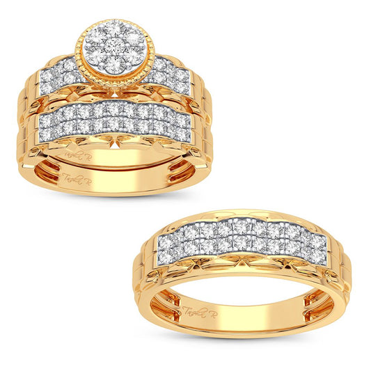 Gleaming Orbit: 14K Yellow Gold 1.00CT Diamond Trio Wedding Set