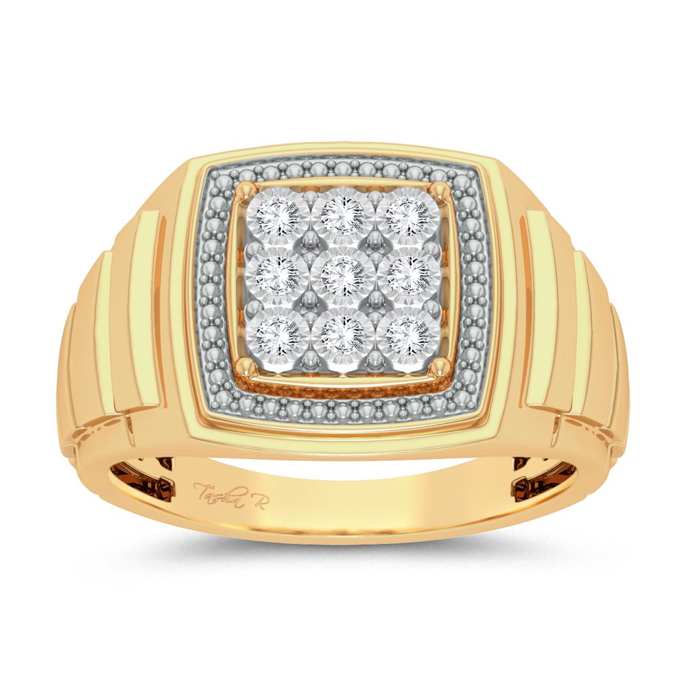Anillo para hombre con halo cuadrado de oro amarillo de 10 quilates y diamantes de 0,20 quilates