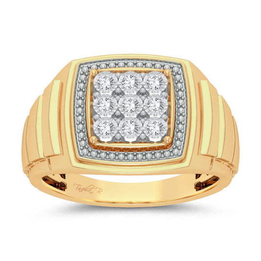 Anillo para hombre con halo cuadrado de oro amarillo de 10 quilates y diamantes de 0,20 quilates