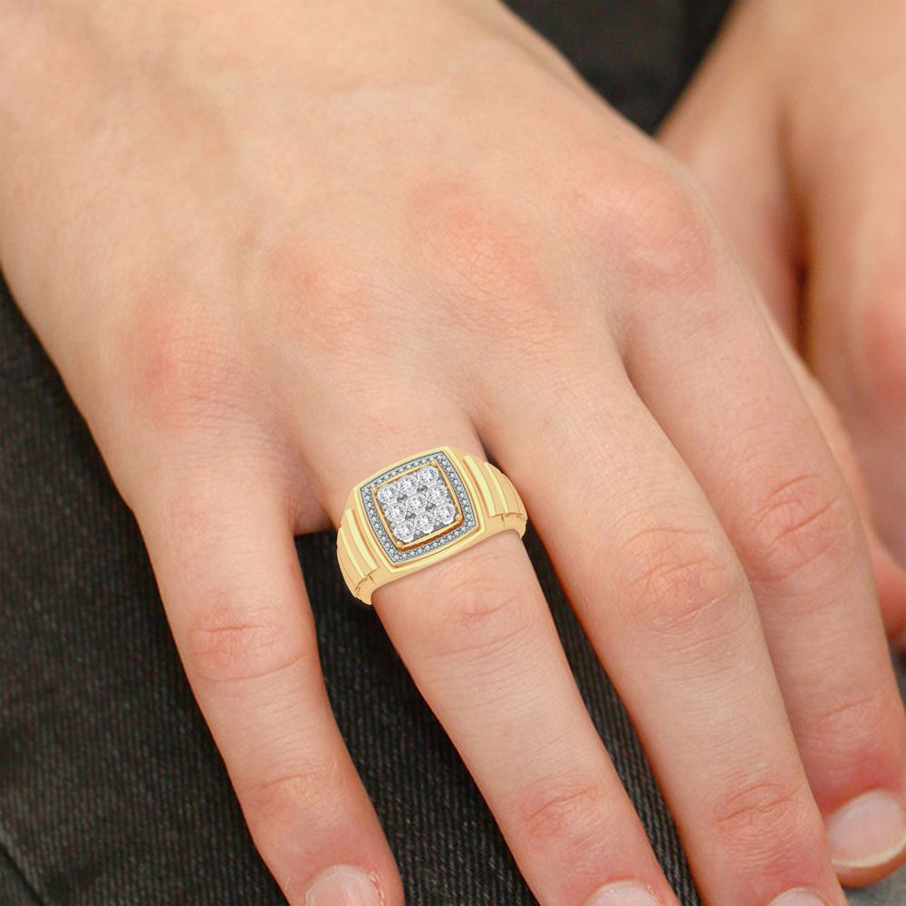 Anillo para hombre con halo cuadrado de oro amarillo de 10 quilates y diamantes de 0,20 quilates