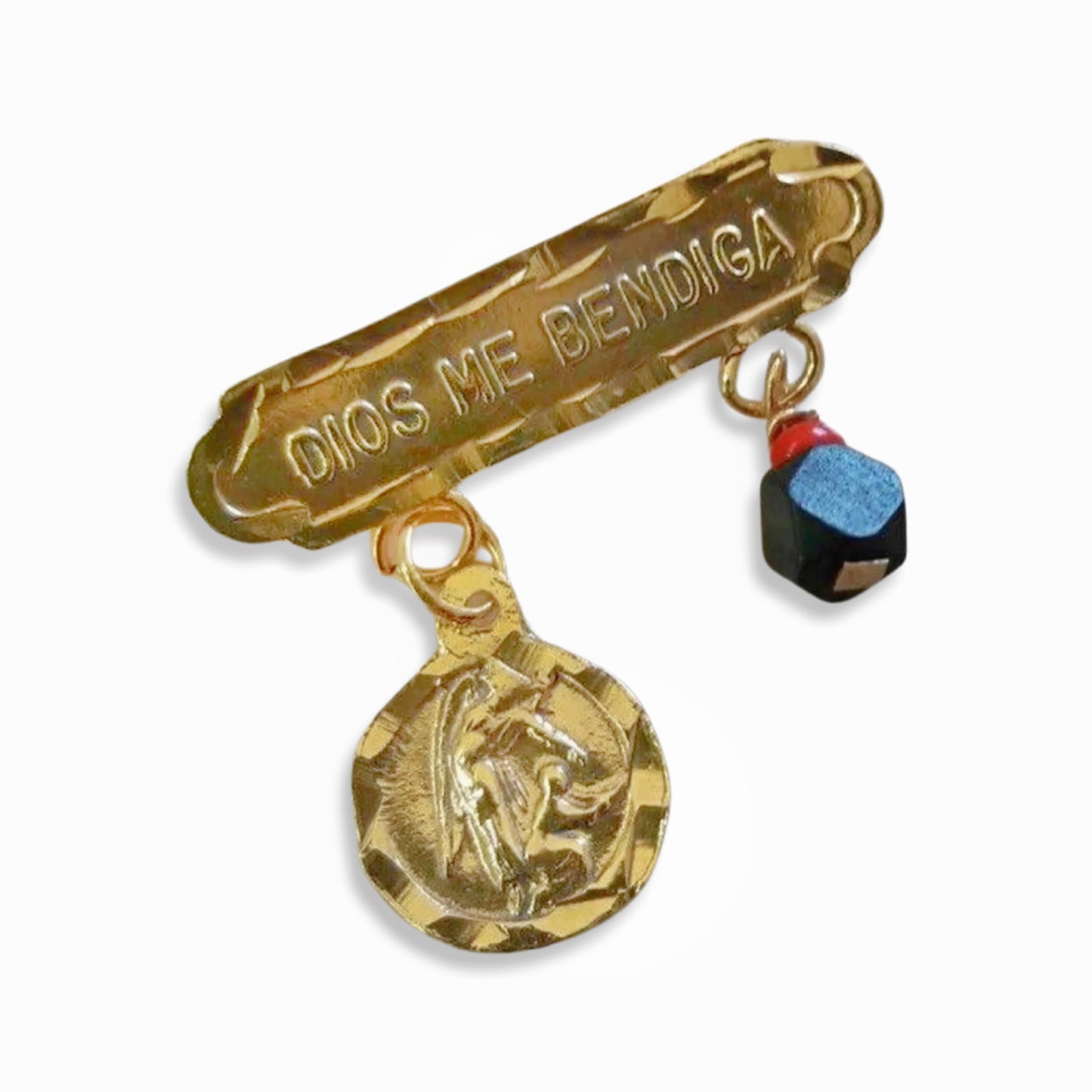 Gob Bless Me Baby Pin With Genuine Azabache and Guardian Angel Charms