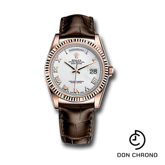 Reloj Rolex Everose Gold Day-Date 36 - Bisel estriado - Esfera romana blanca - Cuero marrón - 118135 wrbr