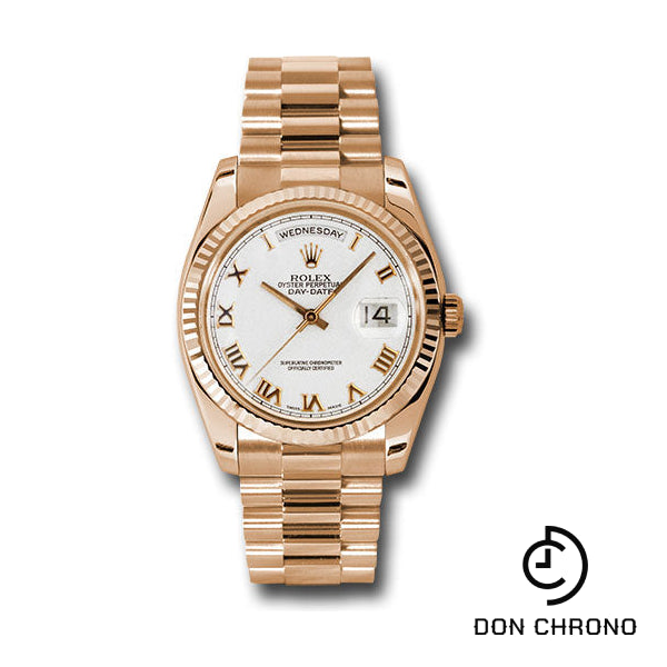 Reloj Rolex Pink Gold Day-Date 36 - Bisel estriado - Esfera romana blanca - Brazalete President - 118235 wrp