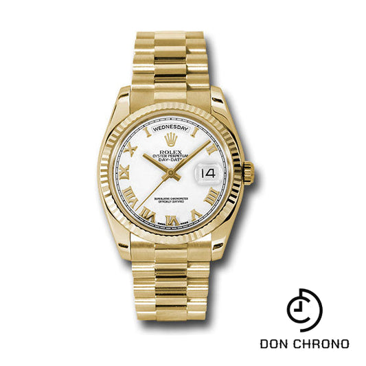 Reloj Rolex de oro amarillo Day-Date 36 - Bisel estriado - Esfera romana blanca - Brazalete President - 118238 wrp