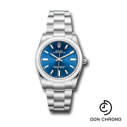 Reloj Rolex Oyster Perpetual 34 - Bisel abovedado - Esfera de índice azul - Brazalete Oyster - 124200 bluio