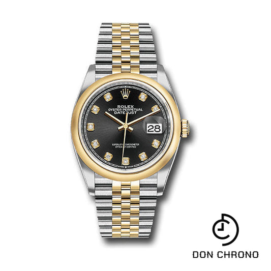 Reloj Rolex de acero y oro amarillo Rolesor Datejust 36 - Bisel abovedado - Esfera de diamantes negros - Brazalete Jubilee - 126203 bkdj