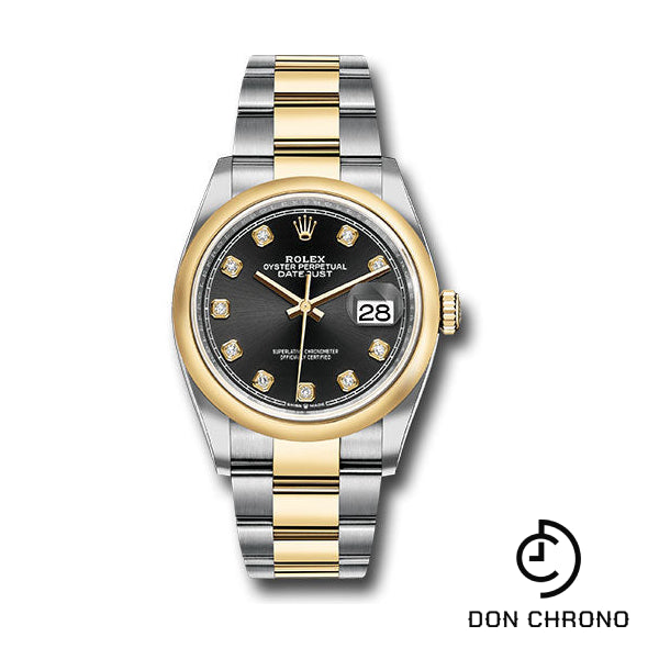 Reloj Rolex de acero y oro amarillo Rolesor Datejust 36 - Bisel abovedado - Esfera de diamantes negros - Brazalete Oyster - 126203 bkdo