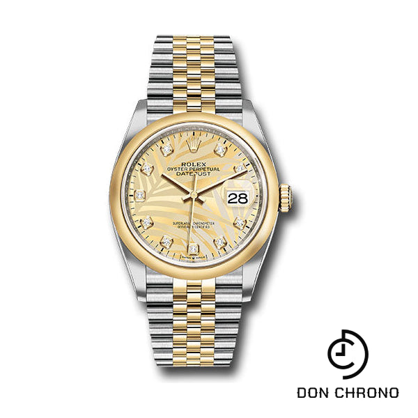 Reloj Rolex Rolesor Datejust 36 amarillo - Bisel abovedado - Esfera de diamantes con motivo de palma dorada - Brazalete Jubilee - 126203 gpmdj