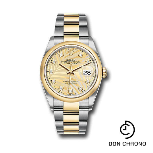 Reloj Rolex Rolesor Datejust 36 amarillo - Bisel abovedado - Esfera de diamantes con motivo de palma dorada - Brazalete Oyster - 126203 gpmdo