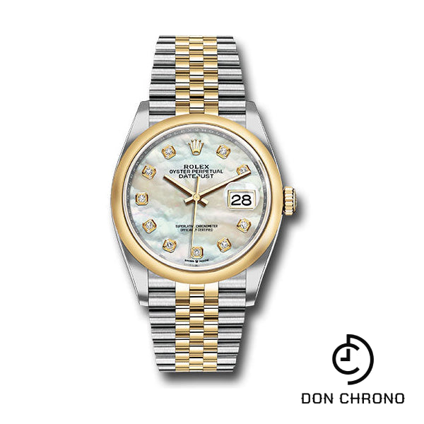 Reloj Rolex de acero y oro amarillo Rolesor Datejust 36 - Bisel abovedado - Esfera de diamantes de nácar blanco - Brazalete Jubilee - 126203 mdj