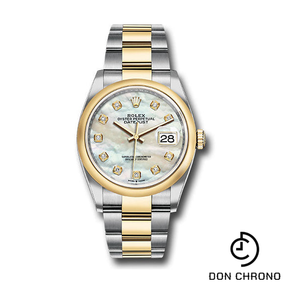 Reloj Rolex de acero y oro amarillo Rolesor Datejust 36 - Bisel abovedado - Esfera de diamantes de nácar blanco - Brazalete Oyster - 126203 mdo