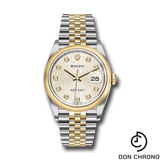 Reloj Rolex de acero y oro amarillo Rolesor Datejust 36 - Bisel abovedado - Esfera de diamantes Silver Jubilee - Pulsera Jubilee - 126203 sjdj