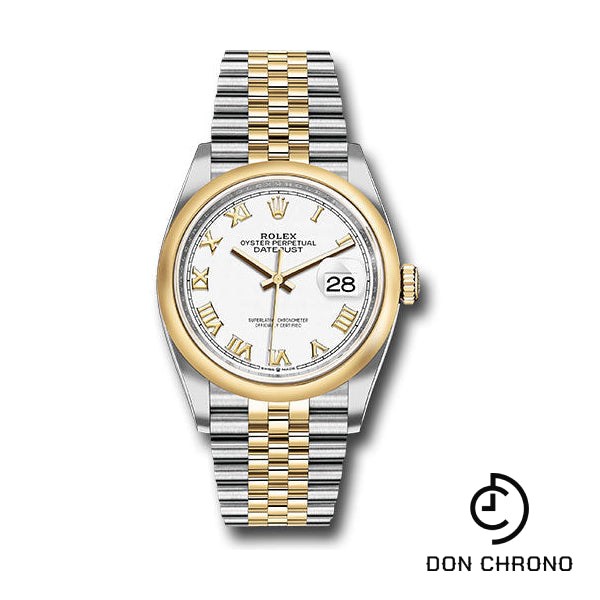 Reloj Rolex de acero y oro amarillo Rolesor Datejust 36 - Bisel abovedado - Esfera romana blanca - Brazalete Jubilee - 126203 wrj