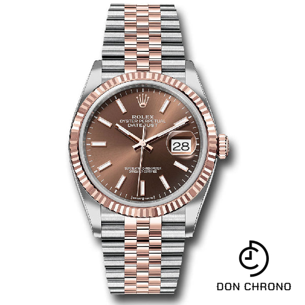 Reloj Rolex Everose Rolesor Datejust 36 - Bisel estriado - Esfera con índice de chocolate - Brazalete Jubilee - 126231 choij