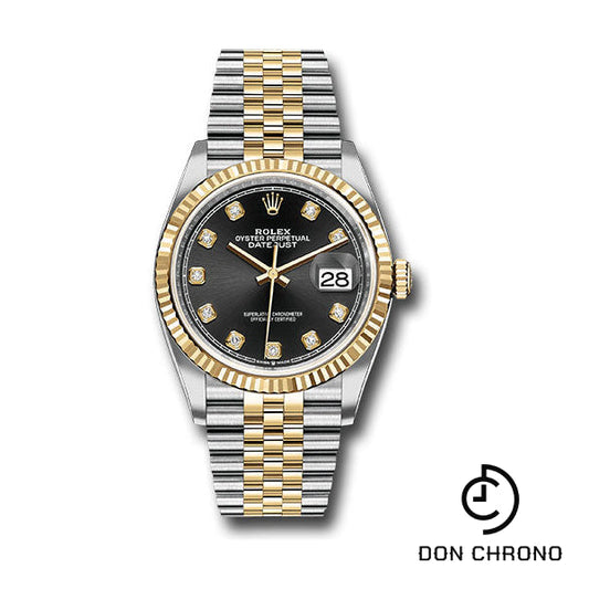 Reloj Rolex de acero y oro amarillo Rolesor Datejust 36 - Bisel estriado - Esfera de diamantes negros - Brazalete Jubilee - 126233 bkdj