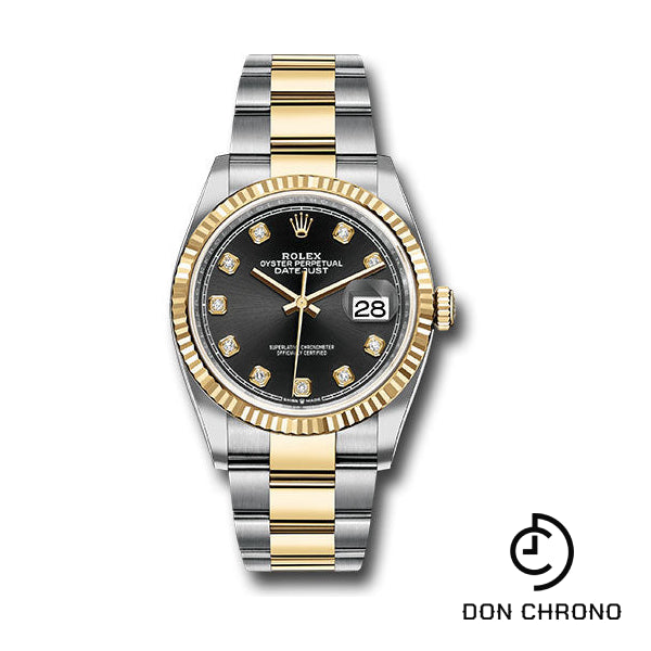 Reloj Rolex Datejust 36 de acero y oro amarillo - Bisel estriado - Esfera de diamantes negros - Brazalete Oyster - 126233 bkdo