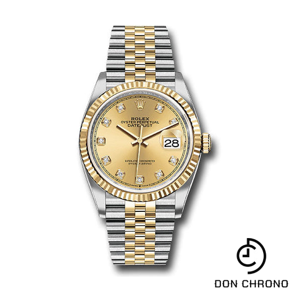 Reloj Rolex de acero y oro amarillo Rolesor Datejust 36 - Bisel estriado - Esfera de diamantes color champán - Brazalete Jubilee - 126233 chdj