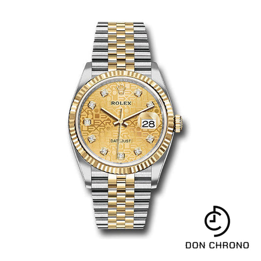 Reloj Rolex Rolesor Datejust 36 amarillo - Bisel estriado - Esfera de diamantes Champagne Jubilee - Brazalete Jubilee - 126233 chjdj