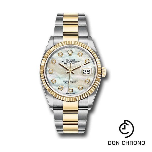 Reloj Rolex de acero y oro amarillo Rolesor Datejust 36 - Bisel estriado - Esfera de diamantes de nácar blanco - Brazalete Oyster - 126233 mdo