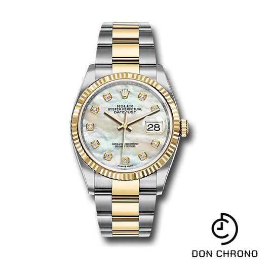 Reloj Rolex de acero y oro amarillo Rolesor Datejust 36 - Bisel estriado - Esfera de diamantes de nácar blanco - Brazalete Oyster - 126233 mdo