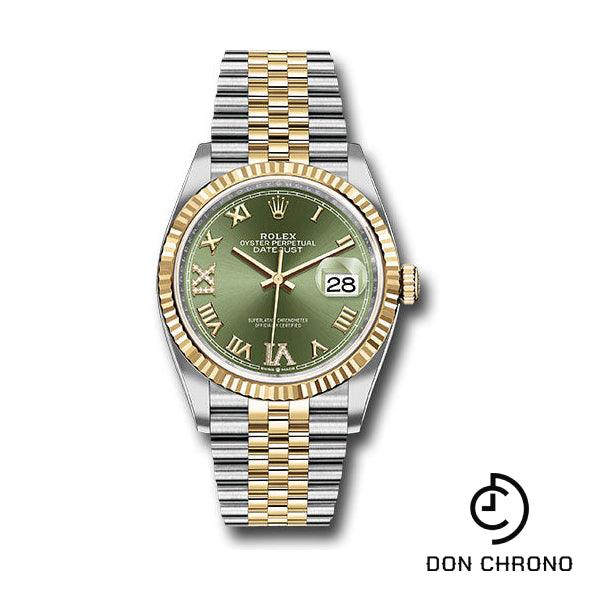 Reloj Rolex de acero y oro amarillo Rolesor Datejust 36 - Bisel estriado - Esfera romana verde oliva - Brazalete Jubilee - 126233 ogdr69j