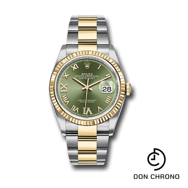 Rolex Steel and Yellow Gold Rolesor Datejust 36 Watch - Fluted Bezel - Olive Green Roman Dial - Oyster Bracelet - 126233 ogdr69o