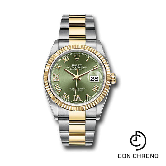 Reloj Rolex de acero y oro amarillo Rolesor Datejust 36 - Bisel estriado - Esfera romana verde oliva - Brazalete Oyster - 126233 ogdr69o