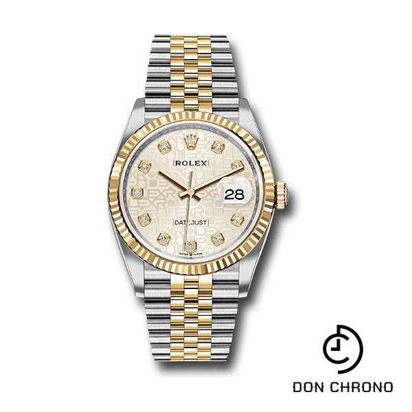 Reloj Rolex de acero y oro amarillo Rolesor Datejust 36 - Bisel estriado - Esfera de diamantes Silver Jubilee - Pulsera Jubilee - 126233 sjdj