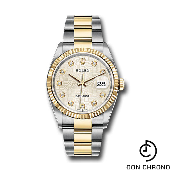 Reloj Rolex de acero y oro amarillo Rolesor Datejust 36 - Bisel estriado - Esfera de diamantes Silver Jubilee - Brazalete Oyster - 126233 sjdo