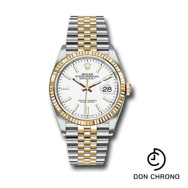 Reloj Rolex de acero y oro amarillo Rolesor Datejust 36 - Bisel estriado - Esfera de índice blanco - Brazalete Jubilee - 126233 wij