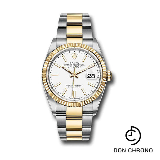 Reloj Rolex de acero y oro amarillo Rolesor Datejust 36 - Bisel estriado - Esfera de índice blanco - Brazalete Oyster - 126233 wio