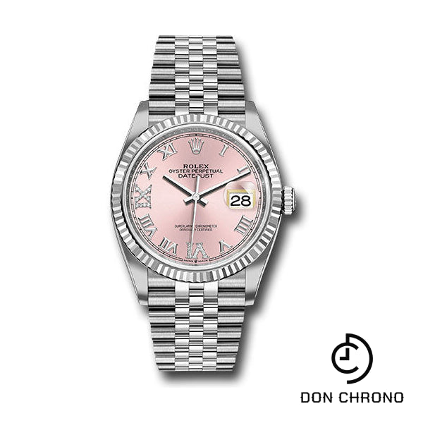 Reloj Rolex Steel Datejust 36 - Bisel estriado - Diamante rosa Esfera Roman VI y IX - Brazalete Jubilee - 126234 pdr69j