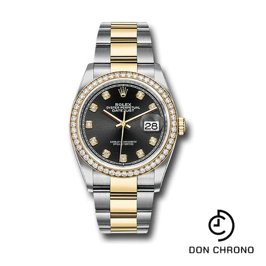 Reloj Rolex de acero y oro amarillo Rolesor Datejust 36 - Bisel de diamantes - Esfera de diamantes negros - Brazalete Oyster - 126283RBR bkdo