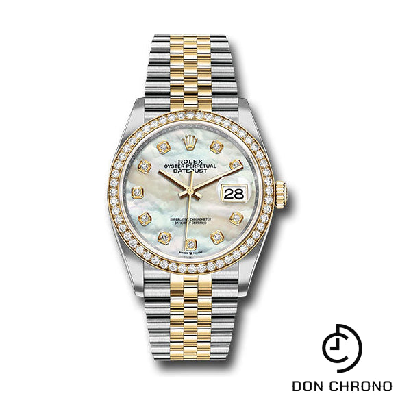 Reloj Rolex Datejust 36 de acero y oro amarillo - Bisel de diamantes amarillos - Esfera de diamantes de nácar blanco - Brazalete Jubilee - 126283RBR mdj