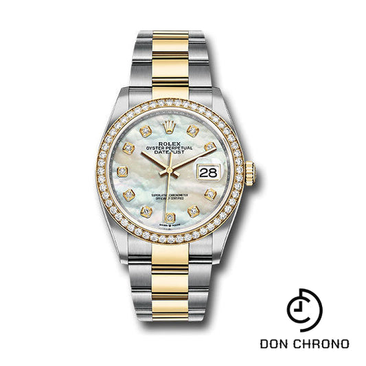Reloj Rolex de acero y oro amarillo Rolesor Datejust 36 - Bisel de diamantes - Esfera de diamantes de nácar blanco - Brazalete Oyster - 126283RBR mdo