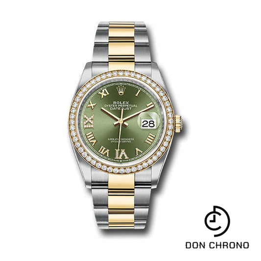 Reloj Rolex de acero y oro amarillo Rolesor Datejust 36 - Bisel de diamantes - Esfera romana verde oliva - Brazalete Oyster - 126283RBR ogdr69o
