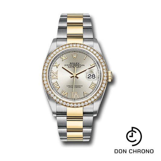 Reloj Rolex de acero y oro amarillo Rolesor Datejust 36 - Bisel de diamantes - Esfera romana plateada - Brazalete Oyster - 126283RBR sdr69o
