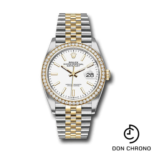 Reloj Rolex de acero y oro amarillo Rolesor Datejust 36 - Bisel de diamantes amarillos - Esfera de índice blanca - Brazalete Jubilee - 126283RBR wij