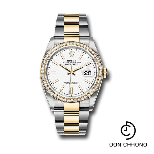 Reloj Rolex de acero y oro amarillo Rolesor Datejust 36 - Bisel de diamantes - Esfera con índice blanco - Brazalete Oyster - 126283RBR wio