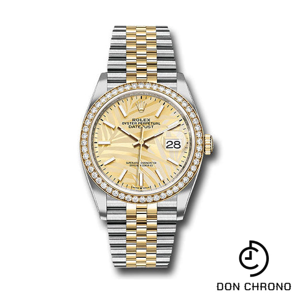 Reloj Rolex Rolesor Datejust 36 amarillo - Bisel de diamantes - Esfera con índice con motivo de palma dorada - Brazalete Jubilee - 126283rbr gpmij