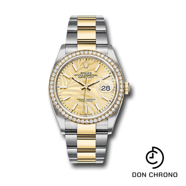 Reloj Rolex Rolesor Datejust 36 amarillo - Bisel de diamantes - Esfera con índice con motivo de palma dorada - Brazalete Oyster - 126283rbr gpmio