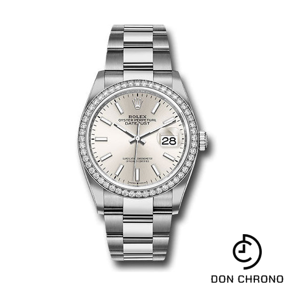 Reloj Rolex Steel Datejust 36 - Bisel de diamantes - Esfera con índice plateado - Brazalete Oyster - 126284RBR sio