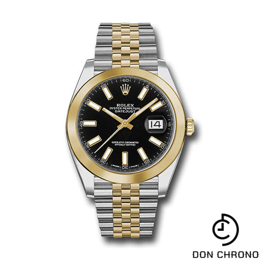 Reloj Rolex de acero y oro amarillo Rolesor Datejust 41 - Bisel liso - Esfera con índice negro - Brazalete Jubilee - 126303 bkij