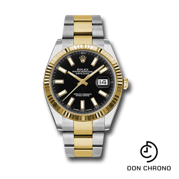 Reloj Rolex de acero y oro amarillo Rolesor Datejust 41 - Bisel estriado - Esfera de índice negro - Brazalete Oyster - 126333 bkio