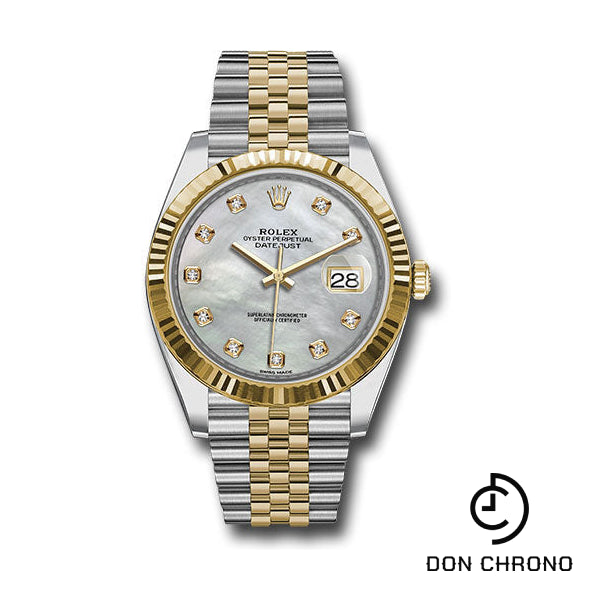 Reloj Rolex Datejust 41 de acero y oro amarillo - Bisel estriado - Esfera de diamantes de nácar blanco - Brazalete Jubilee - 126333 mdj